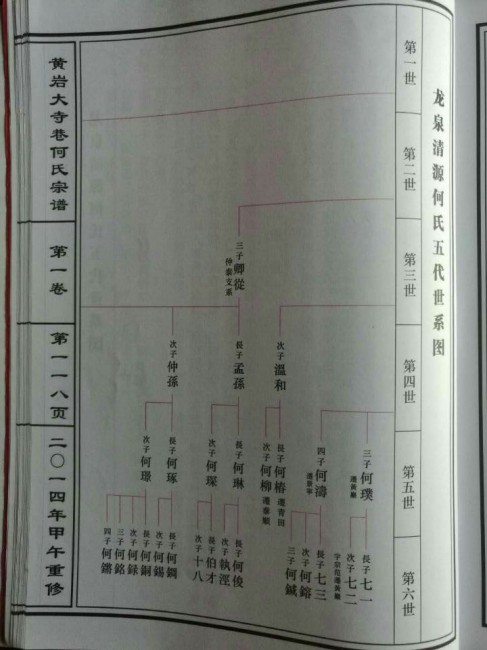 黄岩大寺巷何氏宗谱-118龙泉清源何氏五代世系图